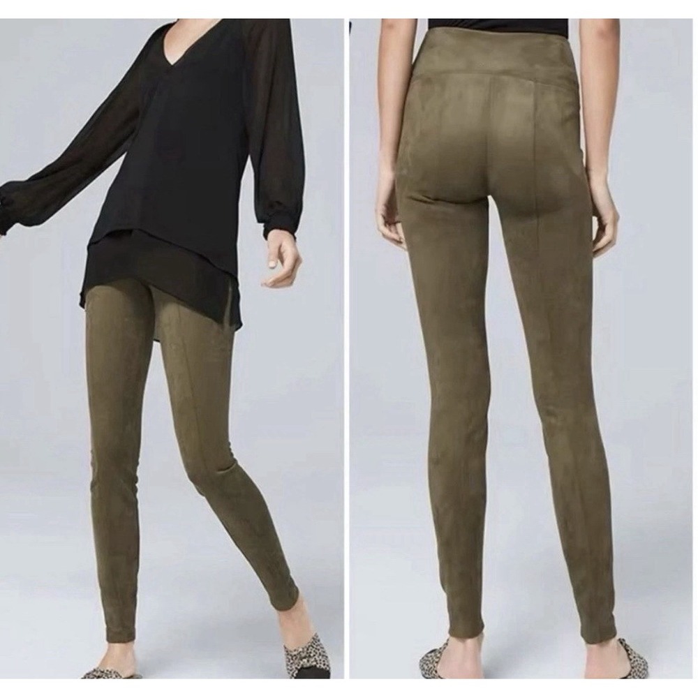WHITE HOUSE BLACK MARKET WHBM Size 8 Faux Suede Runway Leggings Pant Olive Green